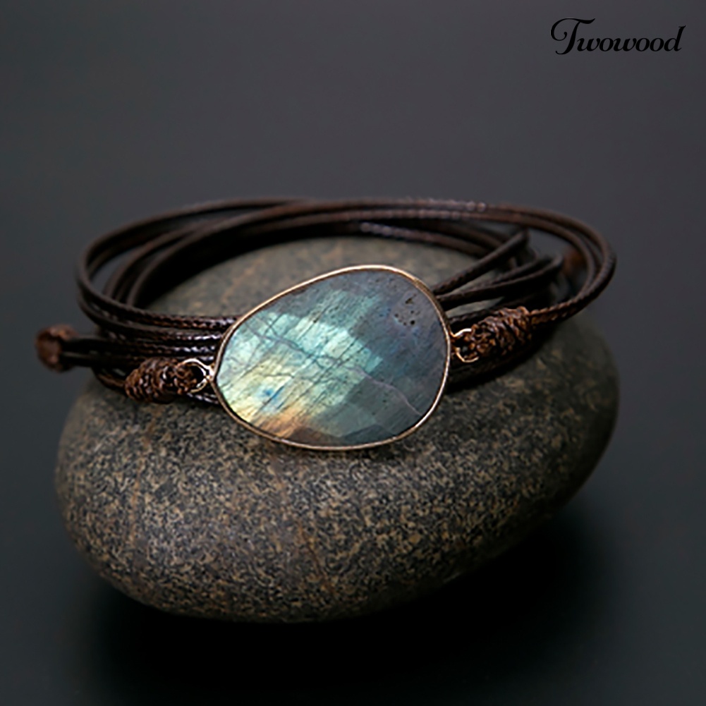 Twowood Boho Unisex Multi Layer Simpul Tali Lilin Labradorite Stone Charm Handmade Gelang