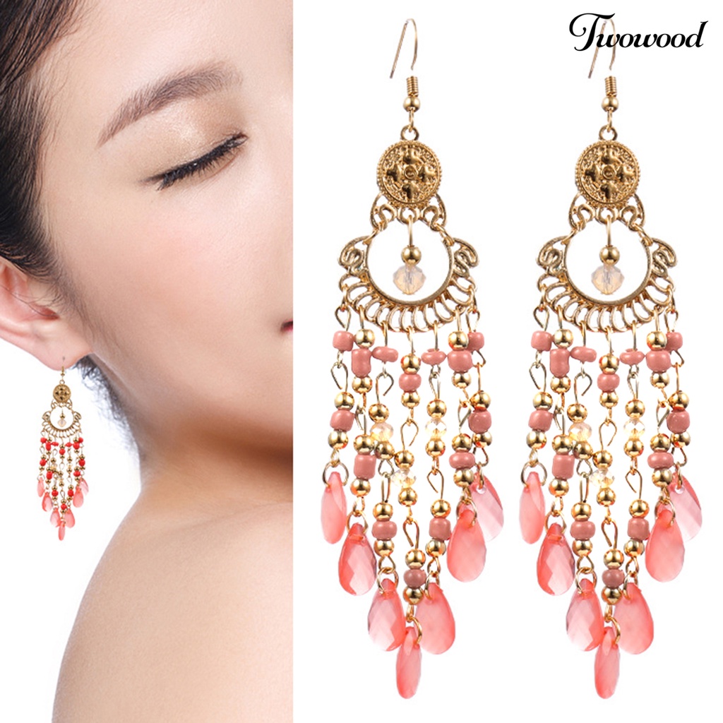 Twowood 1pasang Drop Earrings High-end Berongga Keluar Manik-Manik Gaya Bohemia Rumbai Wanita Anting Kait Perhiasan Pacaran