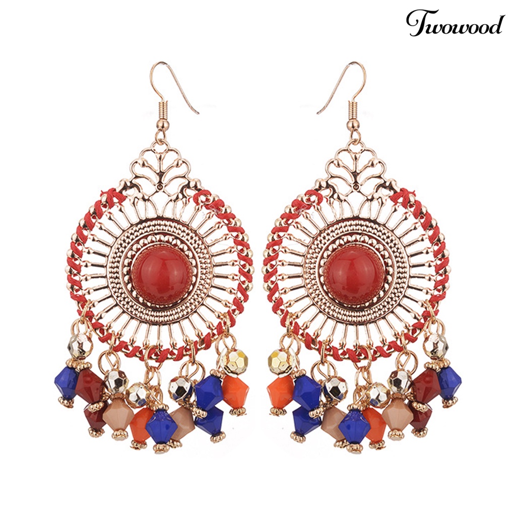 Twowood 1pasang Wanita Anting Kait Warna-Warni Etnik Anti-Cacat Gaya Bohemia Rumbai Drop Earrings Perhiasan Perempuan