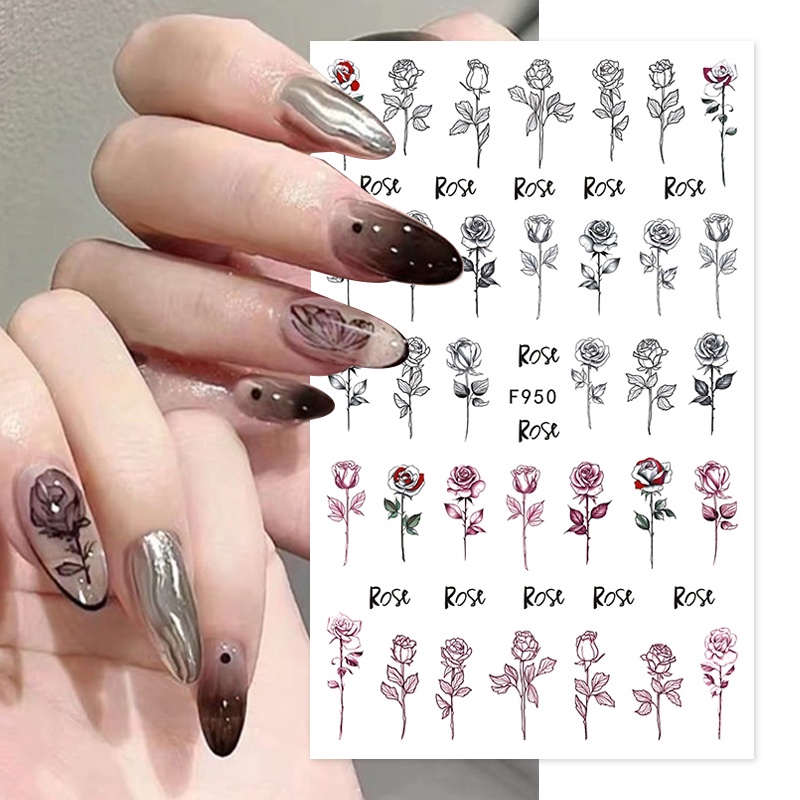 3d Nail Art Stiker Kupu-Kupu Mawar Daun Perekat Diri Stiker Manicure Dekorasi