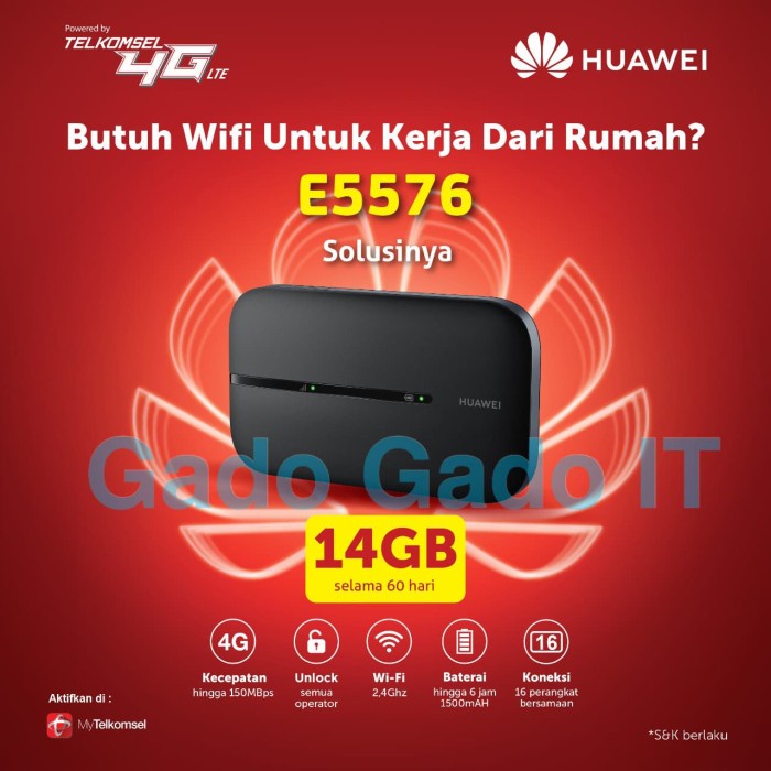 MIFI ROUTER HUAWEI E5576 SPEED 4G LTE BUNDLING TELKOMSEL 14GB (UNLOCK)