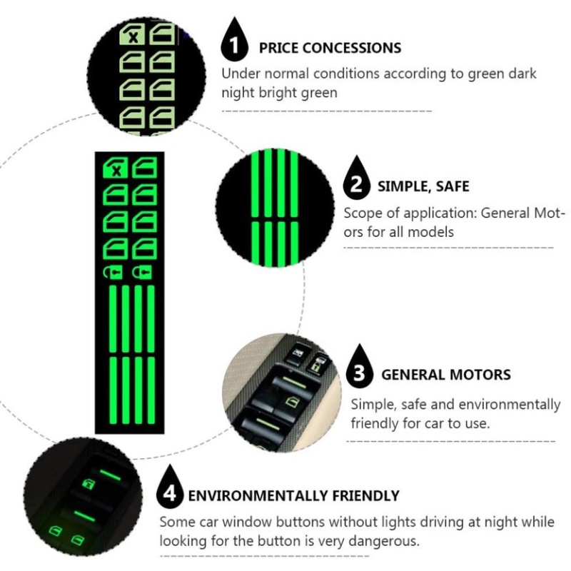 1pcs/tombol Saklar Pintu Jendela Mobil Luminous sticker Set/Control Panel Petunjuk Fluorescence Sign Stiker Kaca window sticker lifter refitting window button Aksesoris