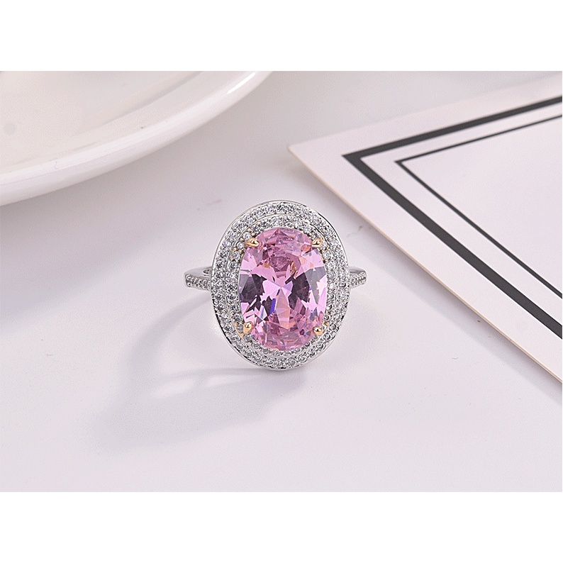 Goldkingdom Aksesoris Perhiasan Fashion Ready Stock Oval Micro-Hias Cincin Berlian Merah Muda Elegan Pernikahan Cincin Wanita.