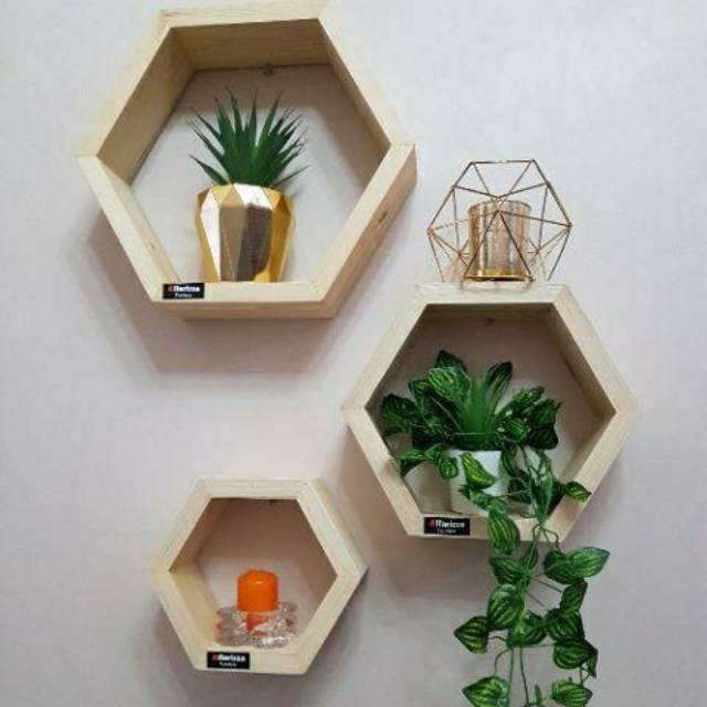 HidroAquatic - 3pcs rak hexagon pajangan dinding rak kayu