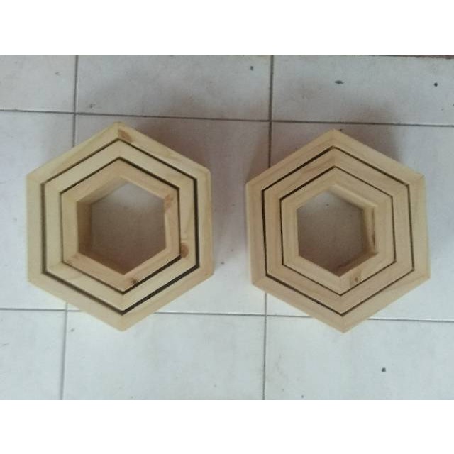 HidroAquatic - 3pcs rak hexagon pajangan dinding rak kayu