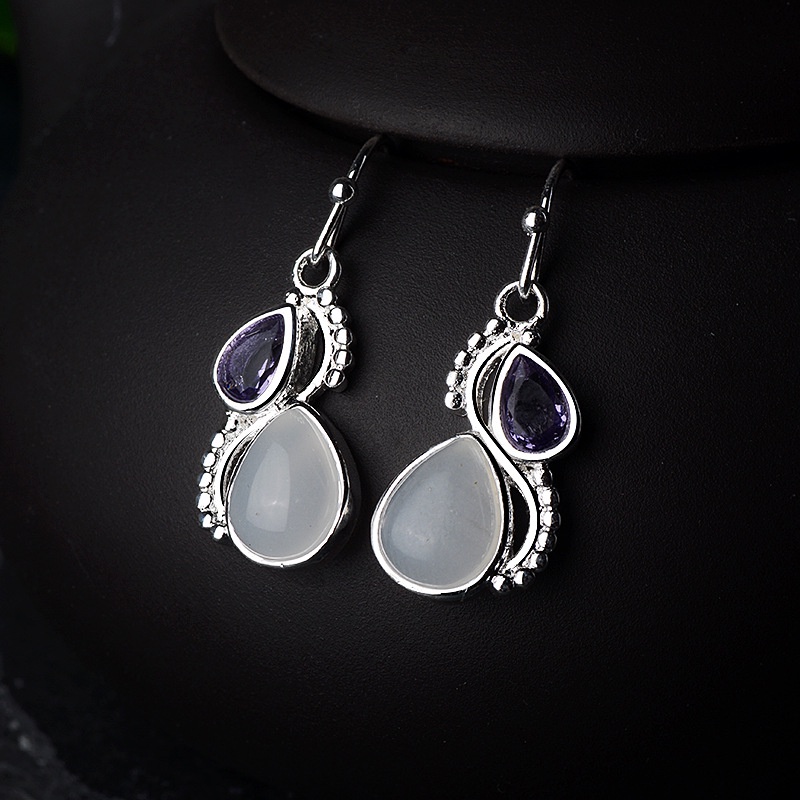 Goldkingdom Aksesoris Perhiasan Fashion Ready Stock Amethyst Water Drop Pear Shaped Colorful Moonstone Earrings Vintage Anting Wanita