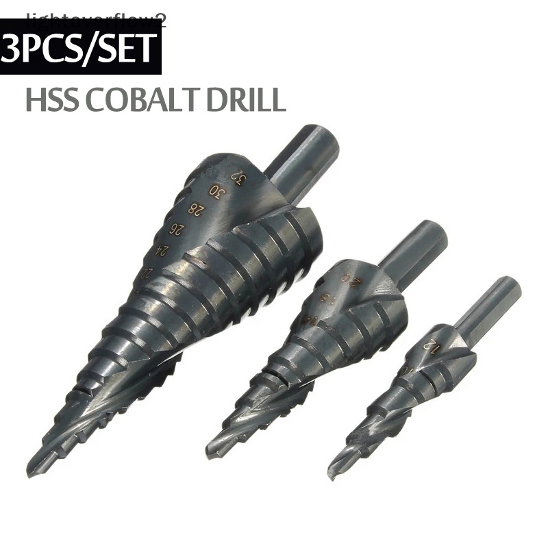 [lightoverflow2] 3pcs/set 4-32MM HSS Cobalt Stepped Drill Bit Set Lubang Spiral Nitrogen [ID]
