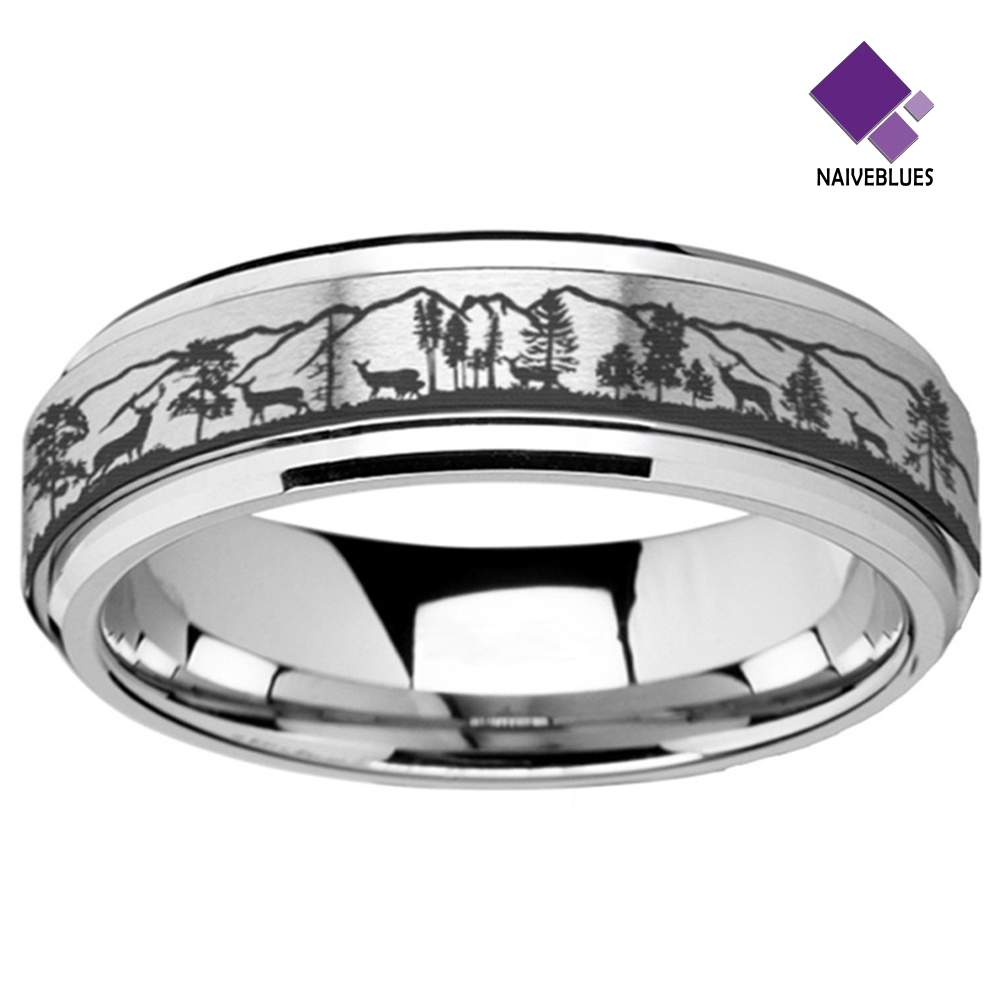&lt; Naiveblues &gt; Unisex Kreatif Hutan Stray Deer Print Cincin Titanium Steel Rotatable