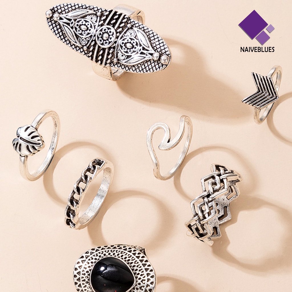 &lt; Naiveblues &gt; 7Pcs Cincin Bohemian Wanita Set Cincin Permata Imitasi Geometris Anti Tarnish Untuk Pesta