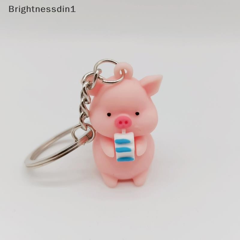 [Brightnessdin1] Kartun Lucu Jas Hujan Piggy Doll Gantungan Kunci Memegang Susu Babi Kunci Cincin Tas Liontin Butik