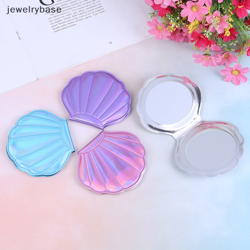 [jewelrybase] Cermin Kosmetik Ringkas Bentuk Kerang Laut Kulit PU Dua Sisi Makeup Magnifier Butik