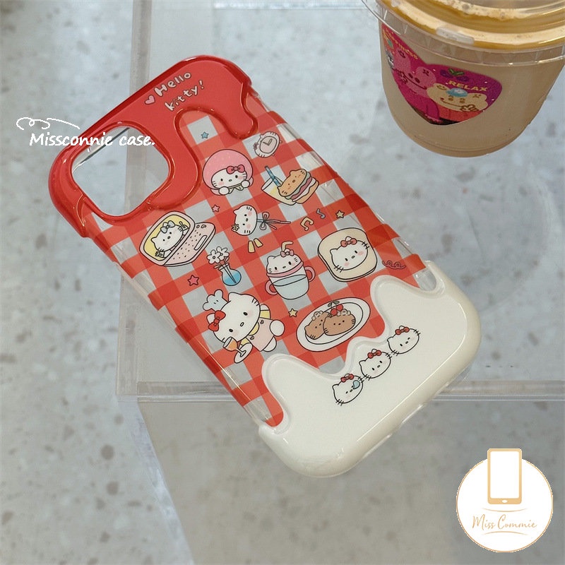 Ins Ice Cream Phone Case Kompatibel Untuk IPhone 7Plus 8Plus 11 14 12 13 Pro Max XR X7 8 Plus XS Max SE 2020 Kartun Indah Kisi Hello Kitty Kucing Shockproof Lembut Tpu Penutup Belakang