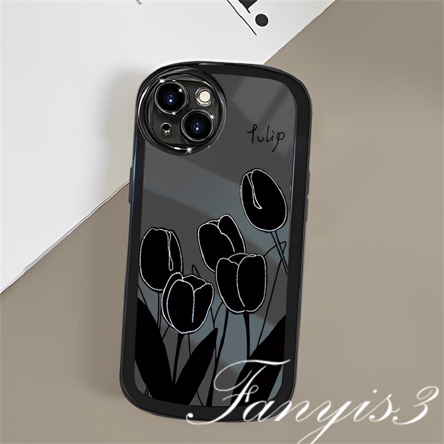 Compatible For iPhone 14 13 12 11 Pro Max X XR Xs Max 8 7 6 6s Plus SE 2020 Kompatibel Untuk Dark Black Tulip Phone Case Soft TPU Cover Ada Rantai