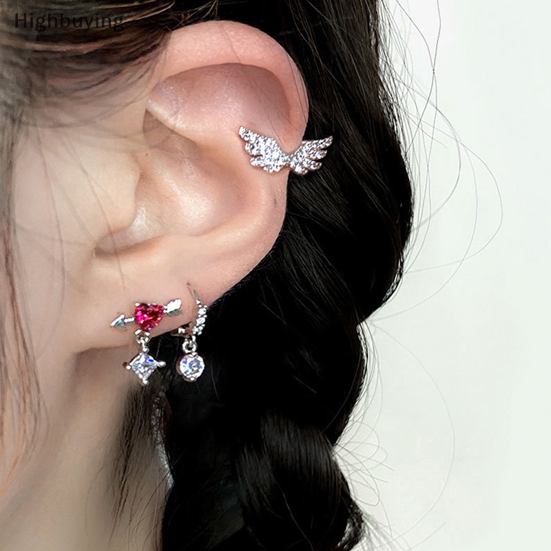 Hbid 1Pcs Lucu Manis Sayap Merah Muda Hati Zirkonia Anting Pejantan Untuk Wanita Perempuan Anti Karat Helix Tulang Rawan Anting Telinga Perhiasan Glory