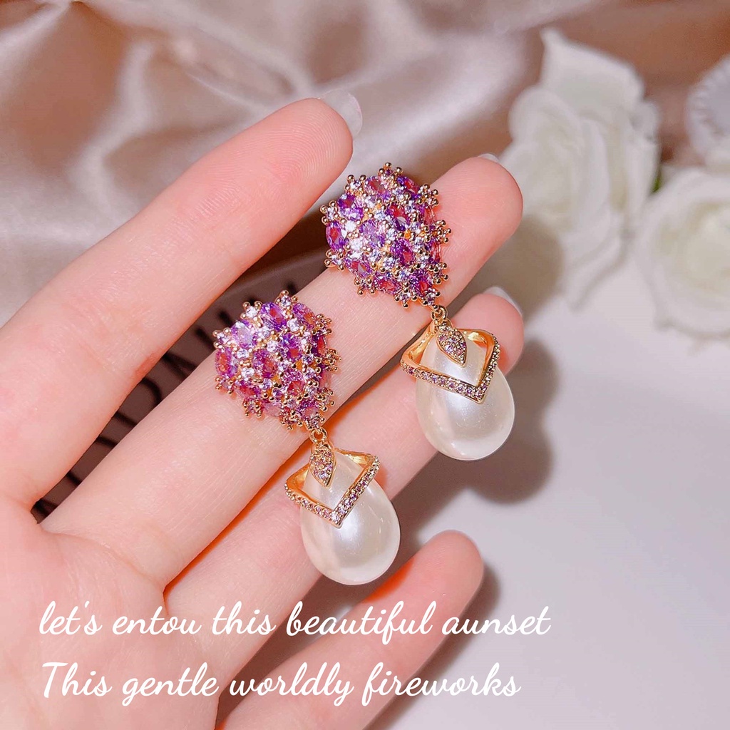 Goldkingdom Aksesoris Perhiasan Fashion Ready Stock Vintage Amethyst Anting Mutiara Istana Perancis Tetesan Air Berlian Ungu Gadis