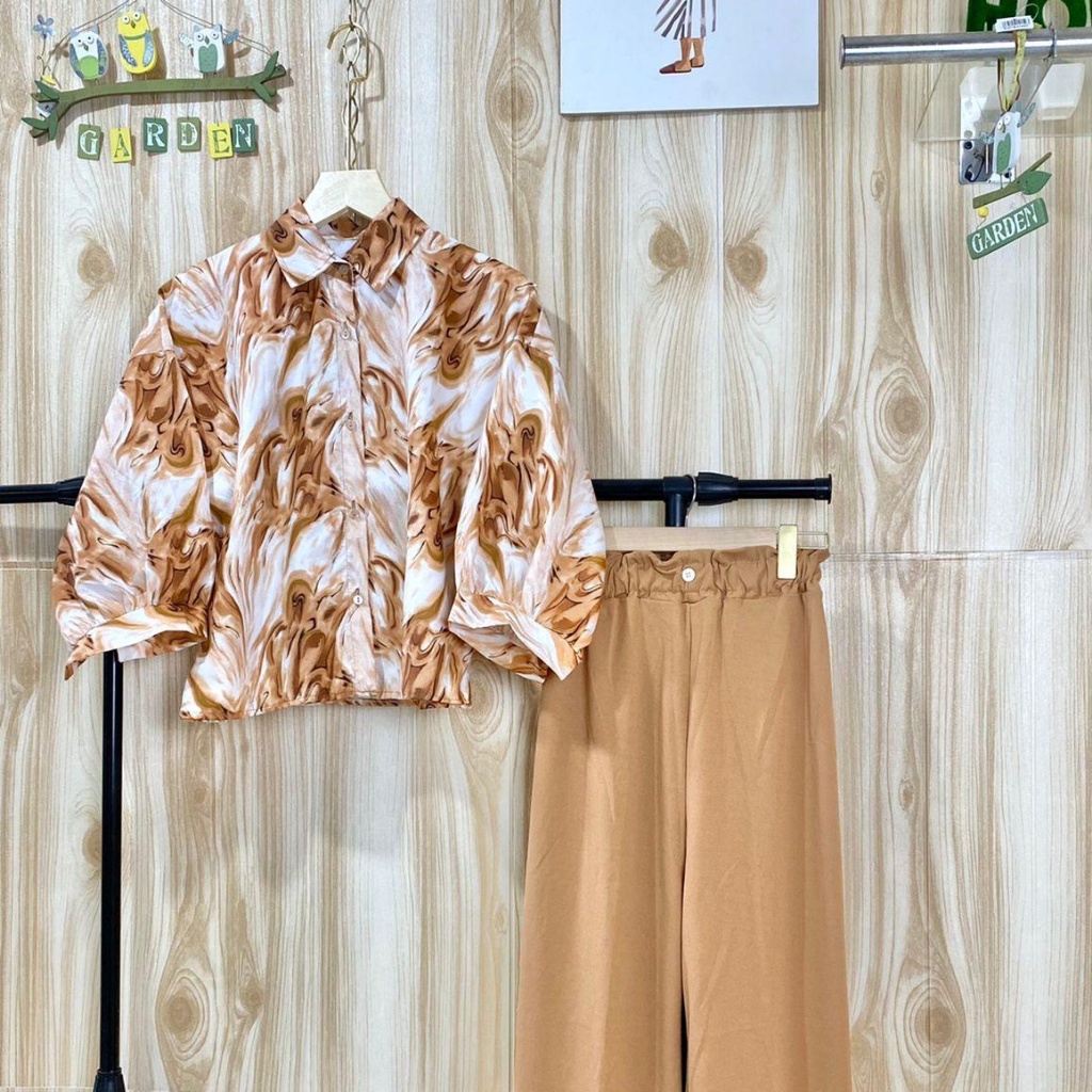 BEFAST - ZSO SETELAN TASYA / One Set Carlotta Marble Puffy / Set Atasan Kemeja Lengan Panjang Motif Abstrak+Celana Panjang Polos / Fashion Wanita Remaja Terbaru / Outfit Daily Wanita Kerja / Pakaian Casual Remaja ABG Terlaris / Trendy