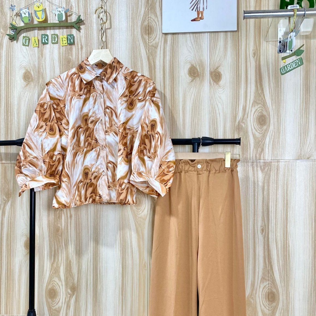 BEFAST - ZSO SETELAN TASYA / One Set Carlotta Marble Puffy / Set Atasan Kemeja Lengan Panjang Motif Abstrak+Celana Panjang Polos / Fashion Wanita Remaja Terbaru / Outfit Daily Wanita Kerja / Pakaian Casual Remaja ABG Terlaris / Trendy