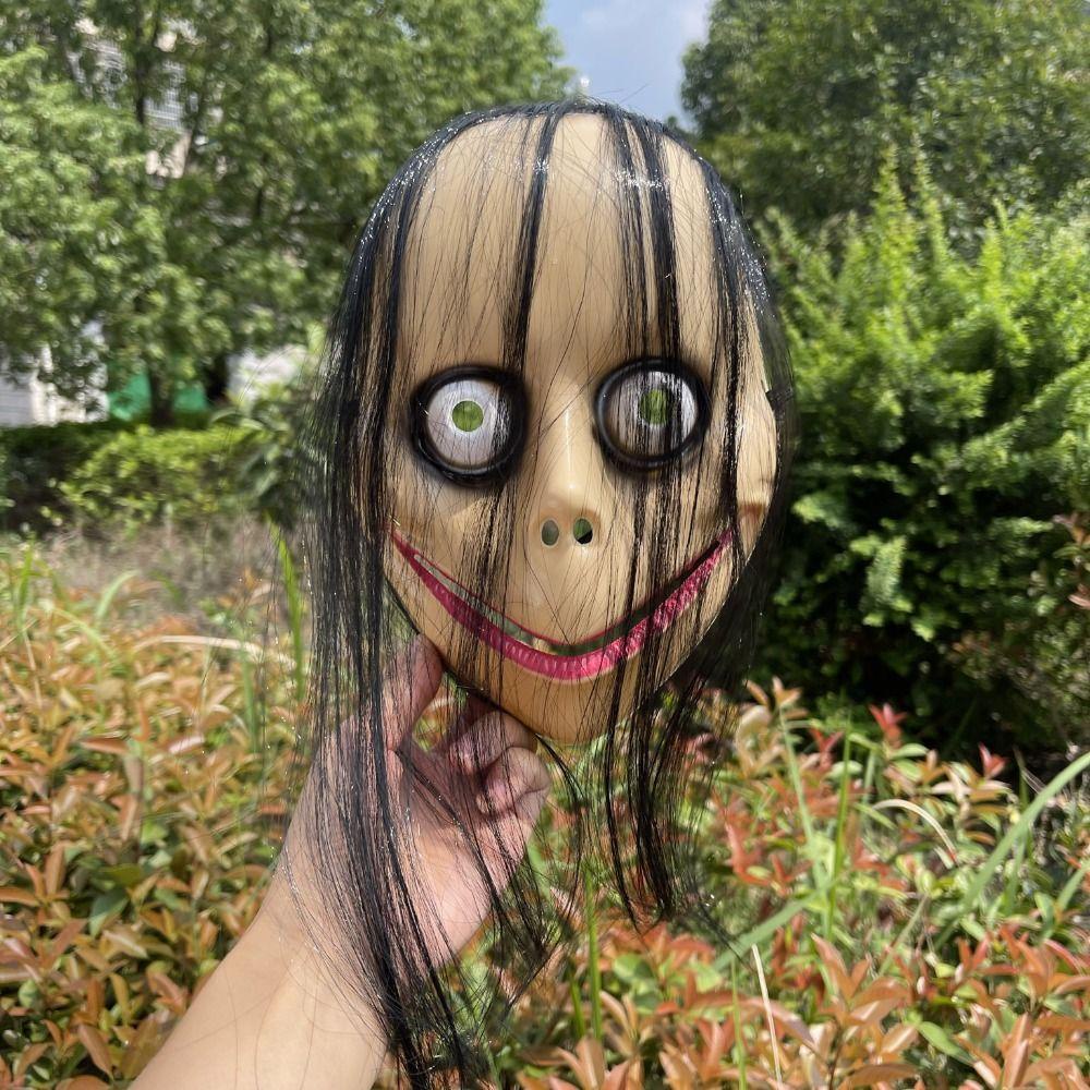 [Elegan] Topeng Seram Jahat Dengan Rambut Panjang Mata Besar Penutup Wajah Topeng Hantu