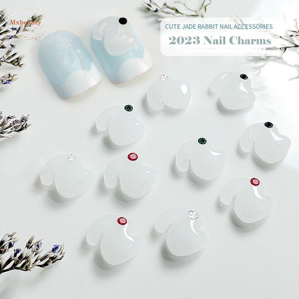 Mxbeauty Jade Rabbit Nail Charms 3D 10pcs Desain Kuku Tahun Baru Dekorasi Kuku Bagian Kuku Kelinci Kuku Rhinestones