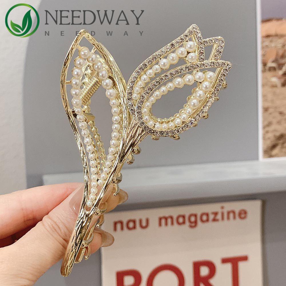 Needway   Wanita Cakar Rambut Untuk Gadis Hiasan Kepala Mutiara Tulip Temperamen Rambut Kepiting Klip Hiu Klip