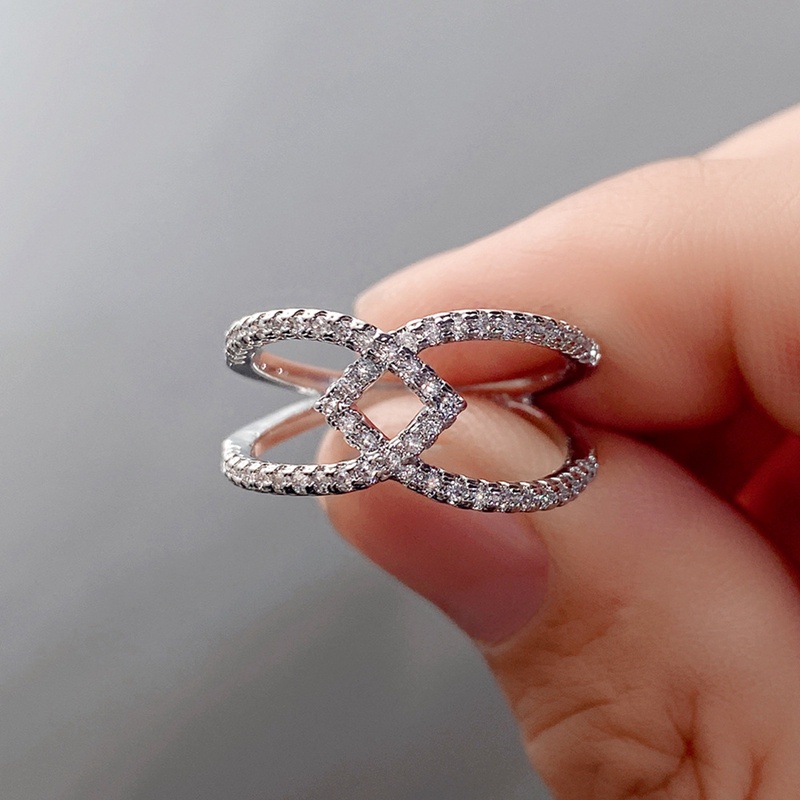 Cincin Kawin Desain Geometri Ganda Untuk Wanita Kristal Cubic Zirconia Mewah Fashion Perempuan Jari Aksesoris Statement Ring
