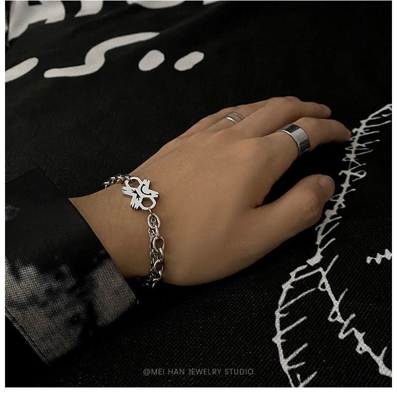 Baja Titanium Ekspresi Wajah Menangis Double-Layer Gelang Laki-Laki ins Trendi Hip-Hop Niche Desain Gelang Sederhana All-Ma