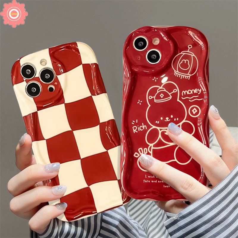 Case Untuk Redmi 10c10 9A 10A 9T A2 9a1 9C NFC Redmi Note9 10 8 11s 11 12 10S 10Pro Max POCO M3 Kotak-Kotak Kartun Lucu Merah Tahun Baru Kelinci Kaya 3D Wavy Curved Edge Glossy Cover