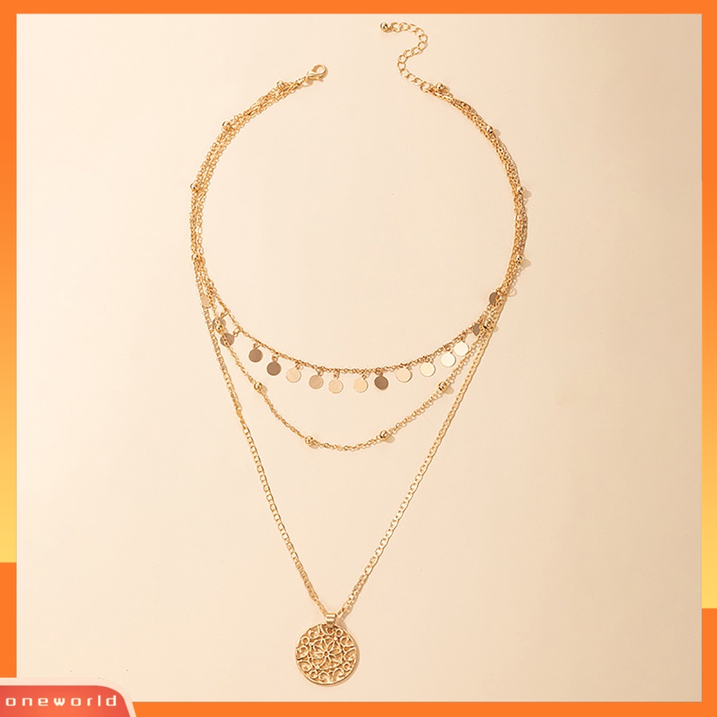 [ONE] Kalung Berongga Bulat Liontin Perhiasan Aksesoris Alloy Fashion 3lapis Choker Necklace Untuk Wanita