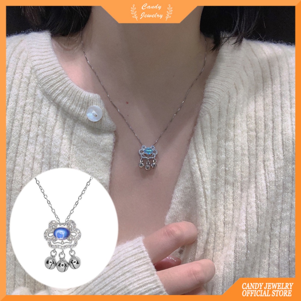 Moonlight Stone Safety Long Life Lock Kalung Untuk Wanita Versi Korea Sederhana Bell Ruyi Lock Design Sense INS Elegan Tulang Cakar Rantai Permen Perhiasan