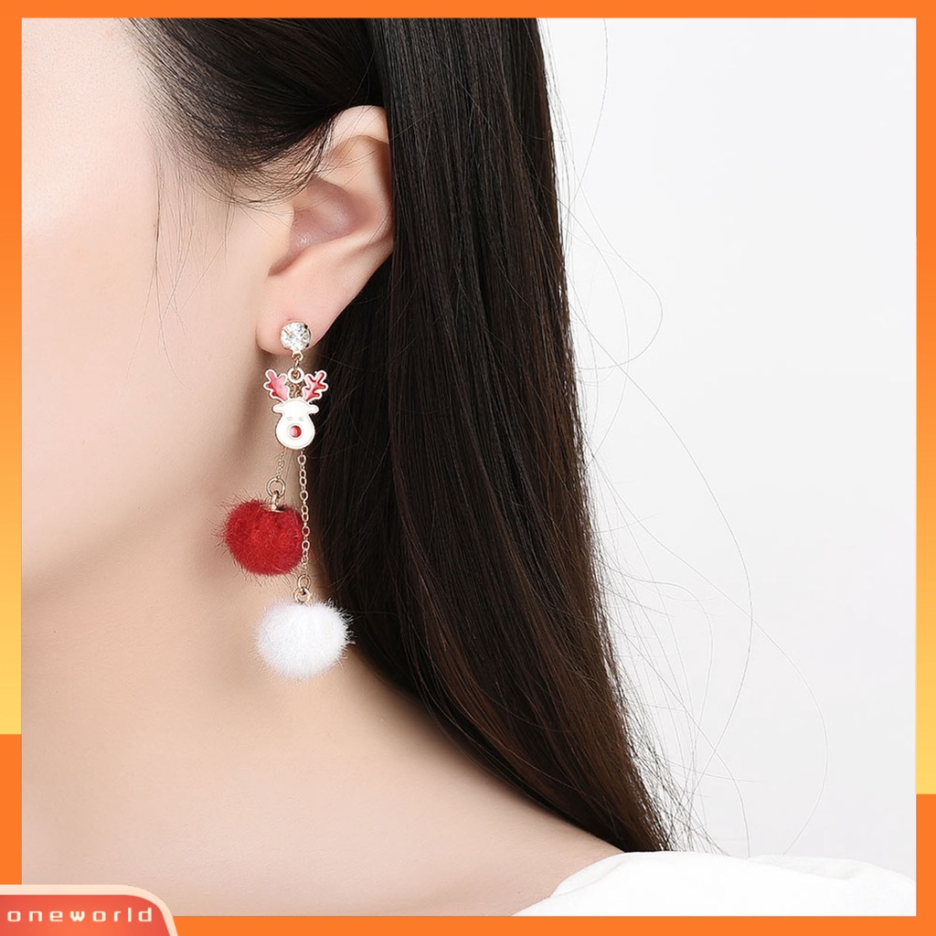 [ONE] 1pasang Anting Pejantan Asimetris Berlian Imitasi Mengkilap Merah Putih Pompom Cincin Besar Hadiah Lucu Natal Elk Drop Earrings Perhiasan Fashion