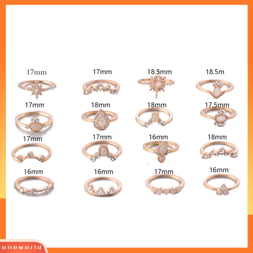 [ONE] 16 Pcs/Set Mahkota Bentuk Berlian Imitasi Knuckle Rings Alloy Bohemia Stackable Finger Rings Aksesori Perhiasan