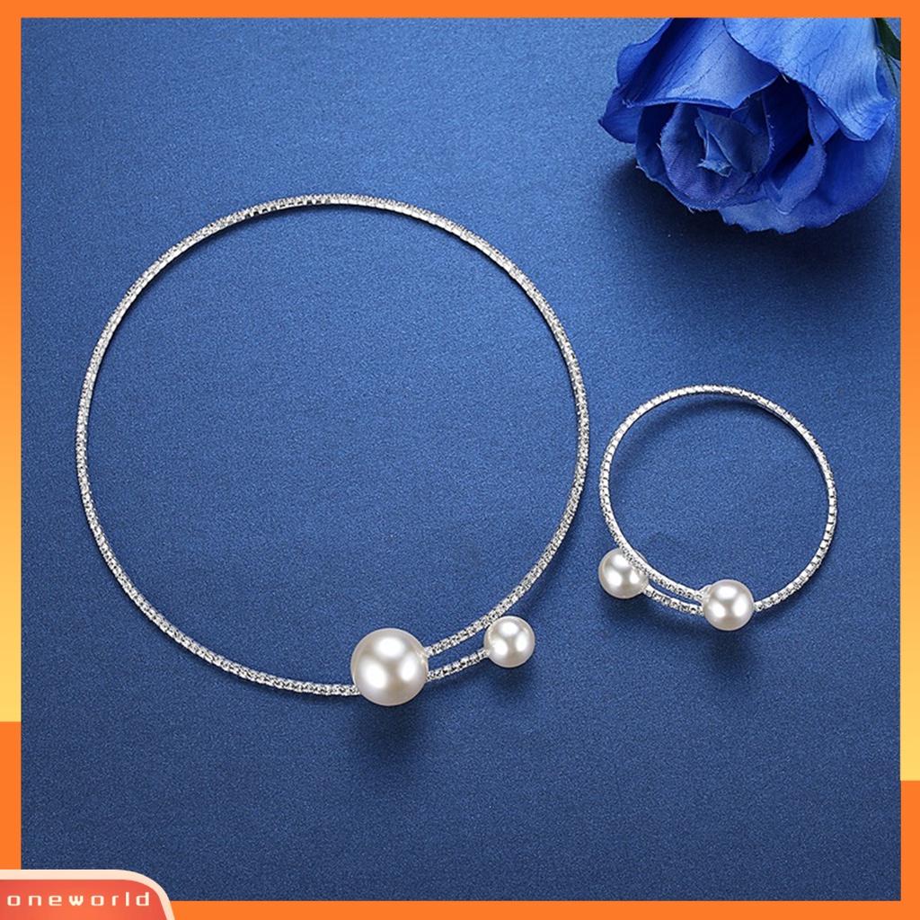 [ONE] 1set Perhiasan Wanita Set Mutiara Imitasi Dipoles Warna Kontras Pembukaan Berlian Imitasi Tubuh Dekorasi Adjustable Ear Stud Klavikula Kalung Perhiasan Set Wanita Perhiasan
