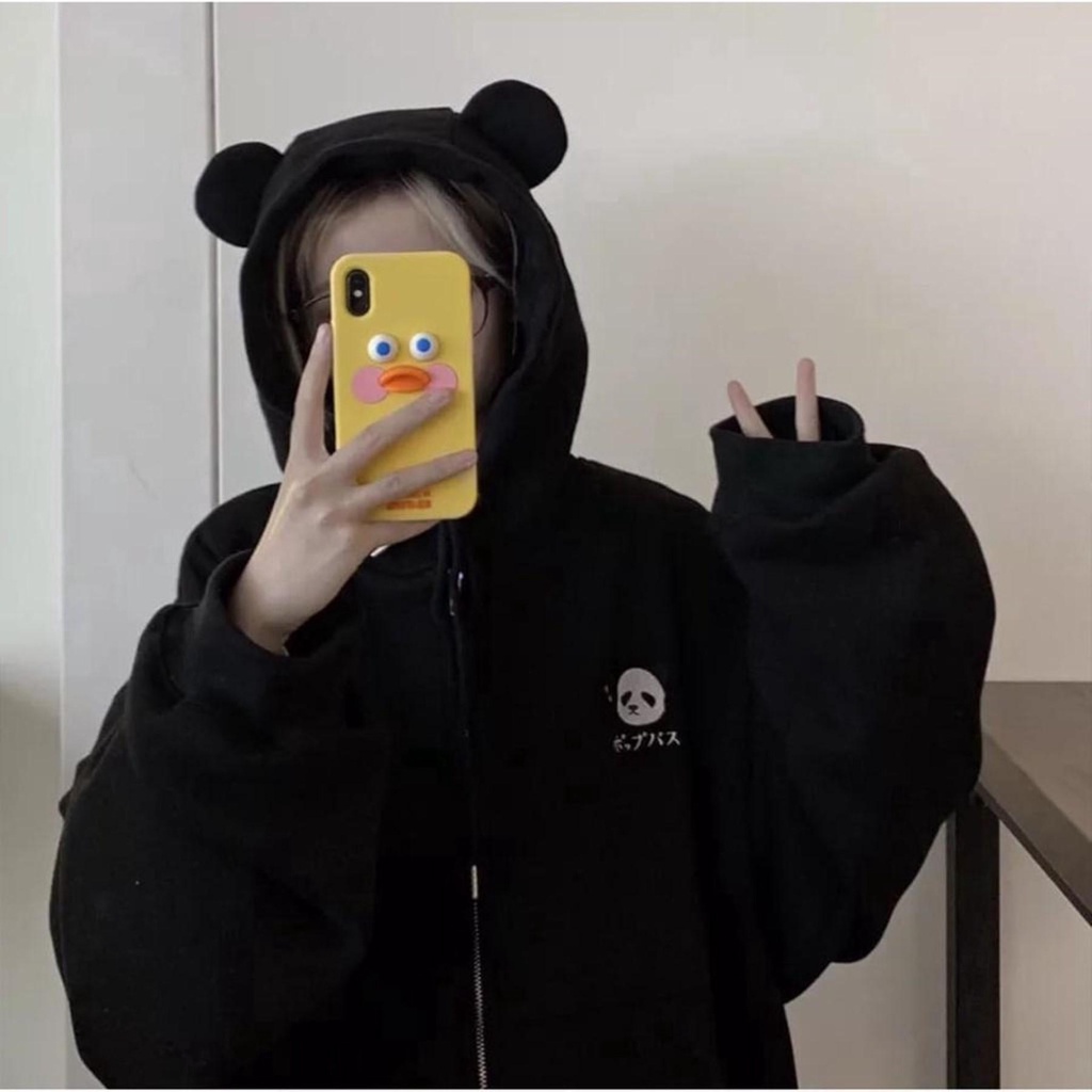 jacket Hoodie Zipper Panda - Korean Style Cute Hodie Wanita - Bertopi & Telinga - Logo Bordir