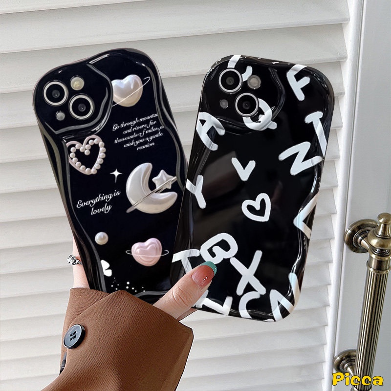 Casing Untuk Oppo A16 A15 A17k A16K A5s A95 A53 A17 A77 A1k A92 A3s A74 A54s A16s A52 A77s A9 A5 A76 A16E A31 Romantis Bulan Bintang Alfabet Love Hati 3D Bergelombang Lengkung Tepi Soft Cover