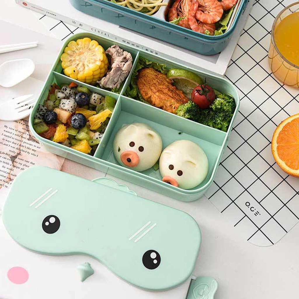 AMORA KOTAK MAKAN LUNCH BOX LUCU / KOTAK BEKAL 4 SEKAT FREE SENDOK GARPU SUMPIT 22063