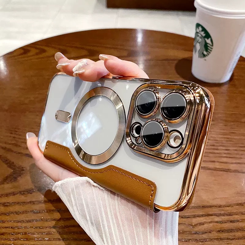 Tempat Kartu Kulit Premium, Cincin Magnet Logam, case iPhone 14 Pro Max case iPhone 13 11 12 Pro Max
