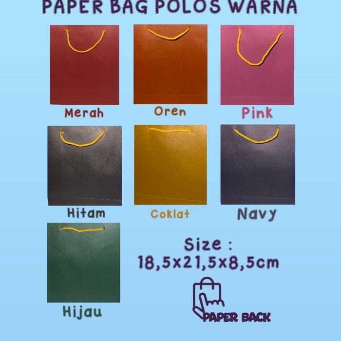 

Paper Bag Polos Warna-Warni Perlusin Ukuran 18 x 21,5 x 8,5 Cm