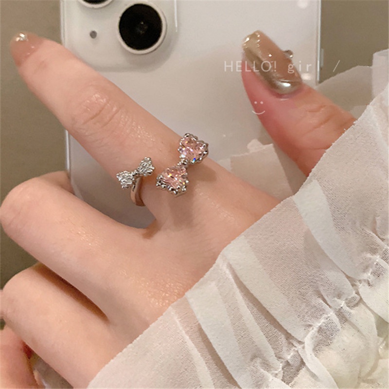 Fashion Pink Gemstone Zircon Bowkont Finger Rings Untuk Wanita Elegan Adjustable Ring Perhiasan Aksesoris