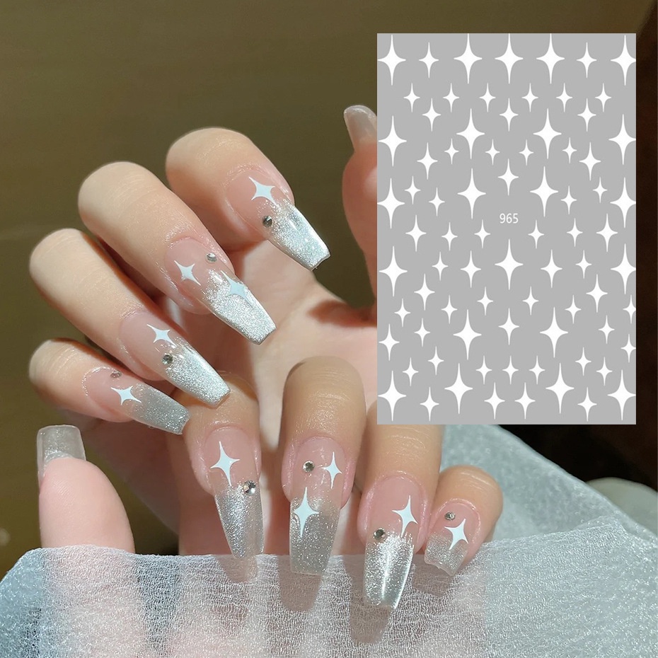 [Unggulan] 1pc 3D Self-Adhesive Star Nail Decals French Four-pointed Star Nail Stickers Simple Gold Silver Manicure Decor DIY Nail Art Alat Kuku Aksesoris Kuku Untuk Wanita