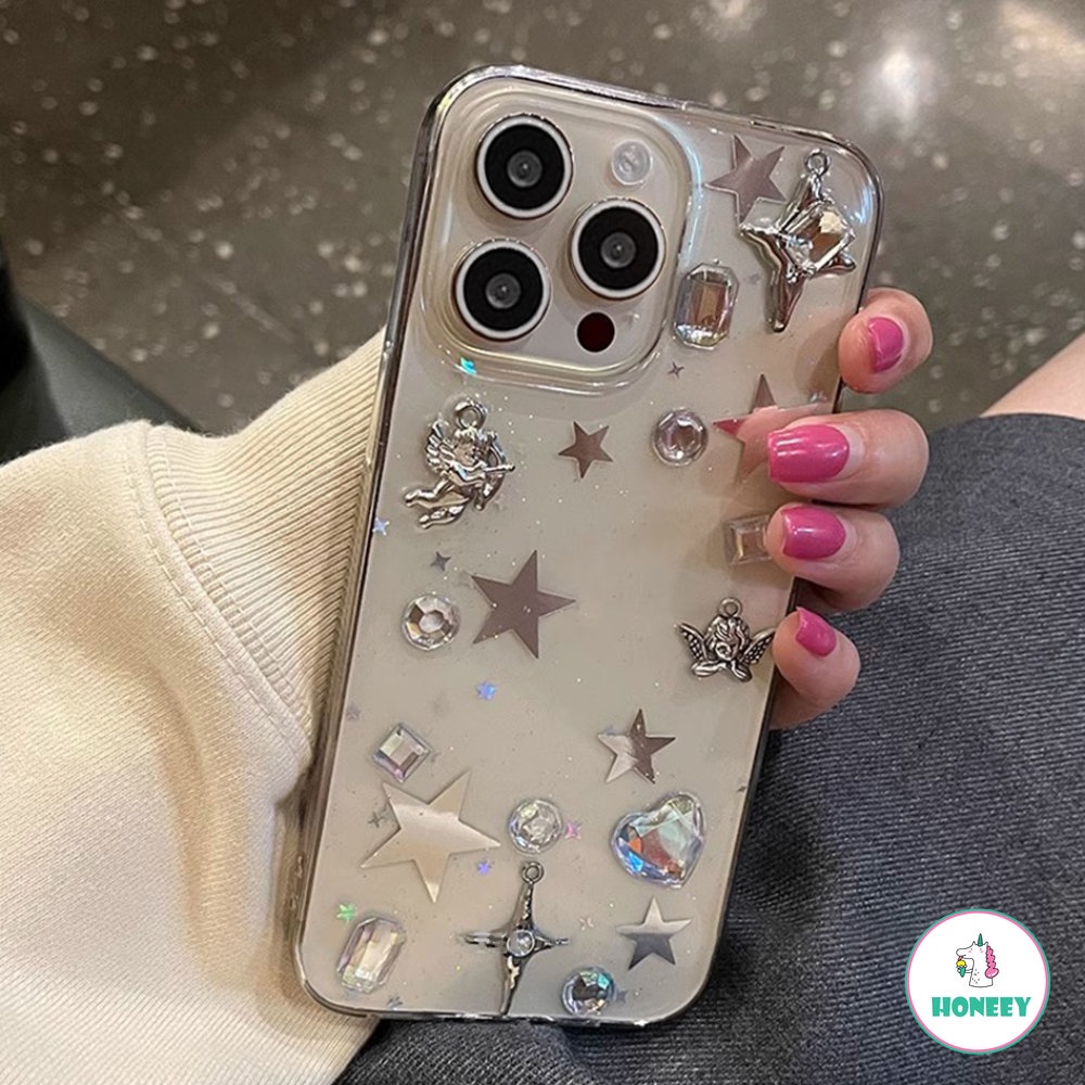 IPHONE Casing Ponsel Transparan Batu Permata Bintang Keren Untuk Iphone11 12 13 14 Pro Max X XS XR 7 8 14 Plus Fashion Metal Cupid Y2K Penutup Belakang