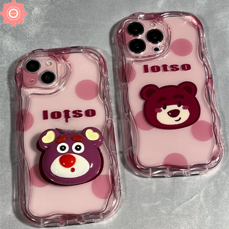 Case Holder Ponsel Beruang Strawberry Kartun Kompatibel Untuk iPhone 7Plus 11 14 13 12 Pro Max7 8 6s 6 Plus XR X XS Max SE 2020 3D Wavy Curved Edge Soft Cover Dengan Bracket Manyo Lucu