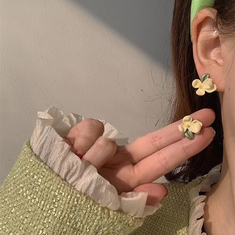 Ahellogirl 925jarum Perak Hijau Gardenia Anting Super Peri Kecil Segar Manis Anting-Anting Perempuan2023Musim Semi Baru Anting