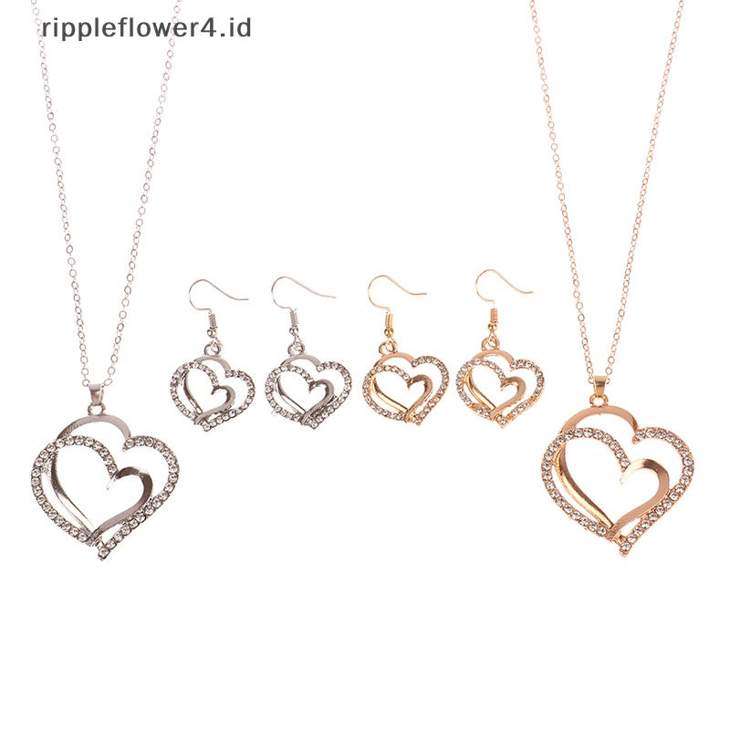 {rippleflower4.id} Indah Ganda Hati Kalung Anting Set Perhiasan Pesona Wanita Perhiasan Fashion Bridal Aksesori Set Hadiah Romantis~