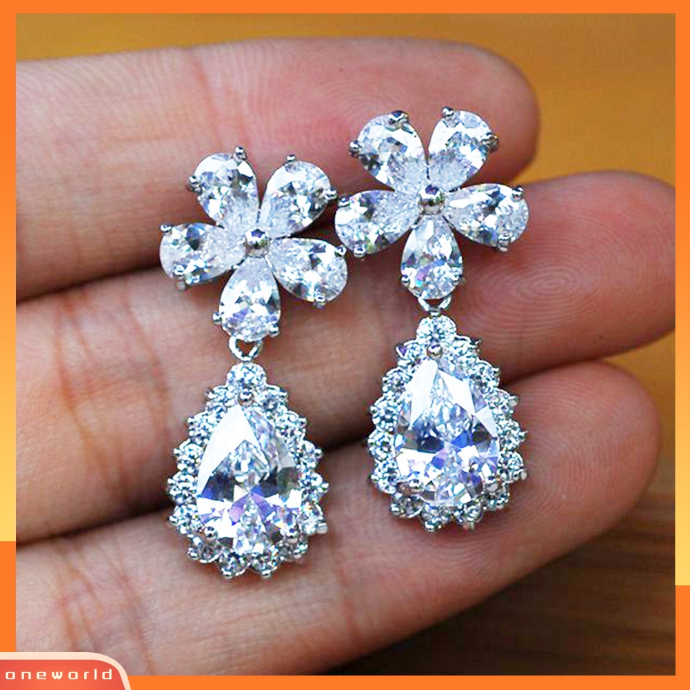 [WOD] Fashion Wanita Bunga Drop Pear Liontin Berlian Imitasi Menjuntai Stud Anting Perhiasan