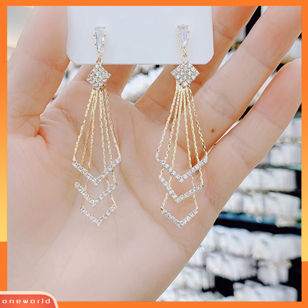 [WOD] Wanita Drop Earrings Tiga Lapis Berlian Imitasi Mengkilap Bentuk Belah Ketupat Anting Gantung Aksesori Perempuan