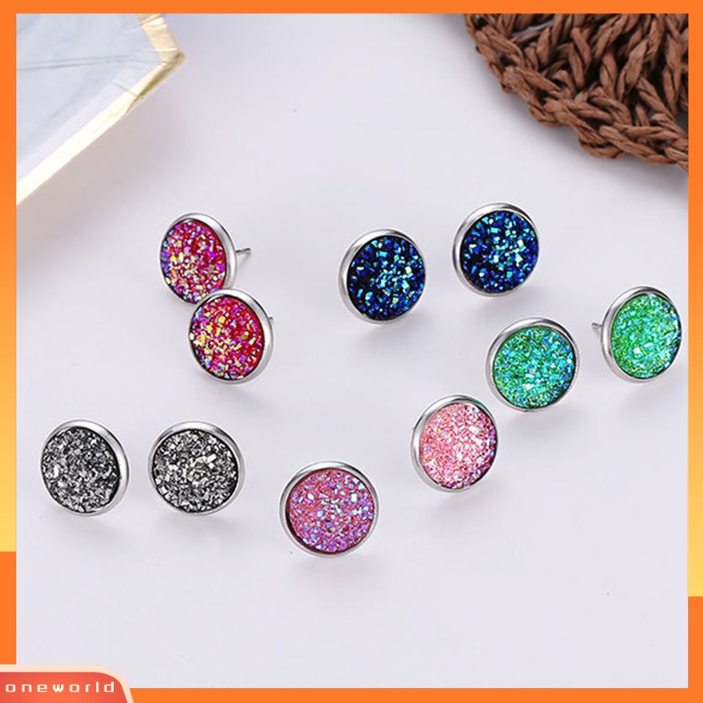 [WOD] 1pasang Ear Stud Hias Stud Telinga Berlian Imitasi Bentuk Bulat Stainless Warna-Warni Untuk Hadiah