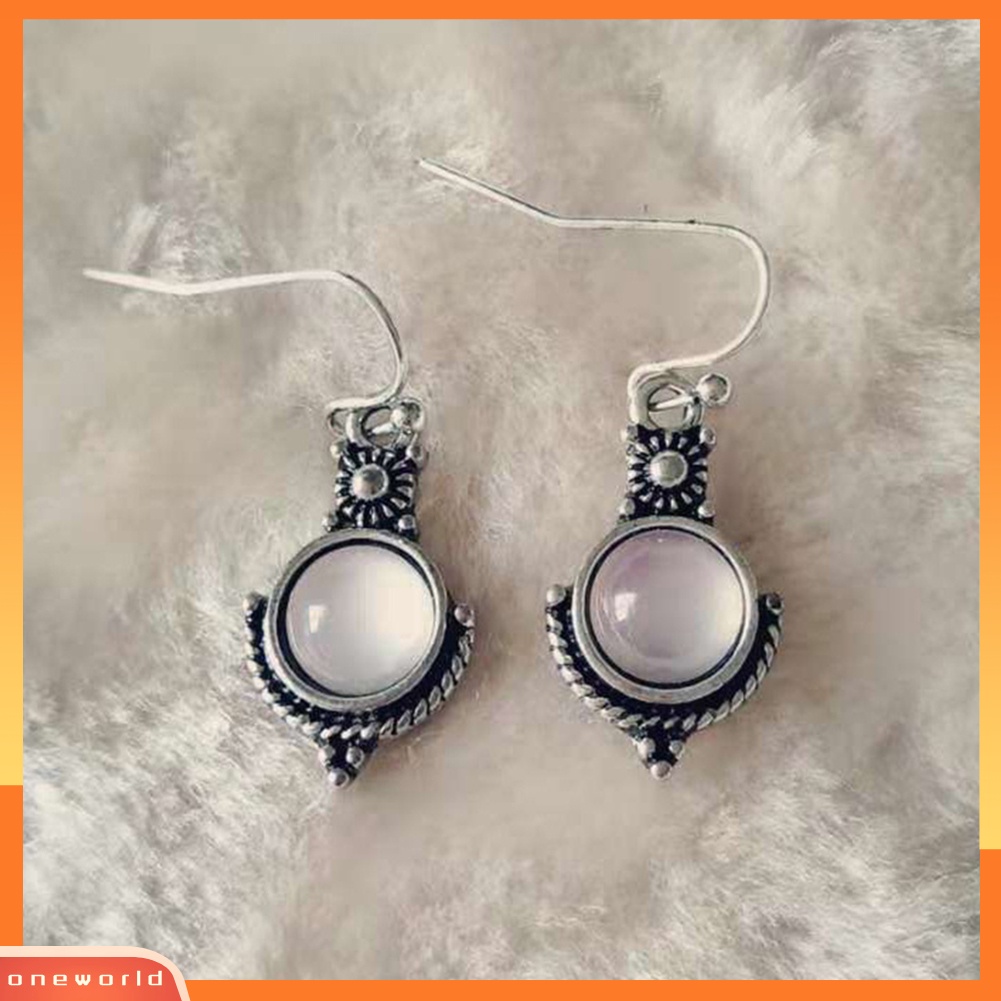 [WOD] Vintage Wanita Faux Moonstone Hollow Bulat Menjuntai Kait Anting Perhiasan Hadiah