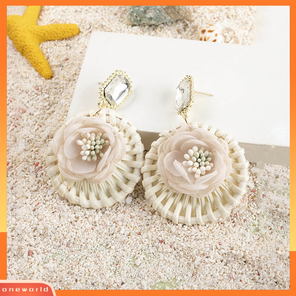 [WOD] 1pasang Drop Earrings Bulat Bunga Rotan Bersinar Berlian Imitasi Stud Earrings Perhiasan Hadiah