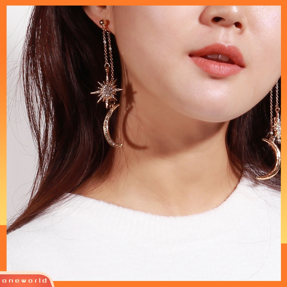 [WOD] Fashion Berlian Imitasi Bintang Bulan Sabit Menjuntai Panjang Drop Anting-Anting Wanita Perhiasan