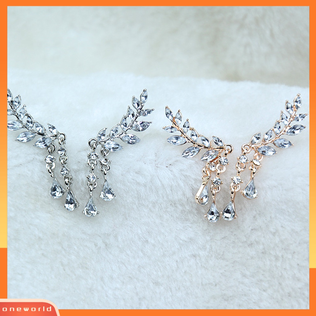 [WOD] 1pasang Anting Wanita Shiny Faux Crystal Alloy Bentuk Daun Berkilau Prom Earrings Perhiasan Perempuan